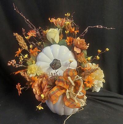 AF White Ceramic Pumpkin with Fall Silk Design 2