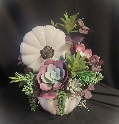 AF White Ceramic Pumkin with Silk Succulents Design 1