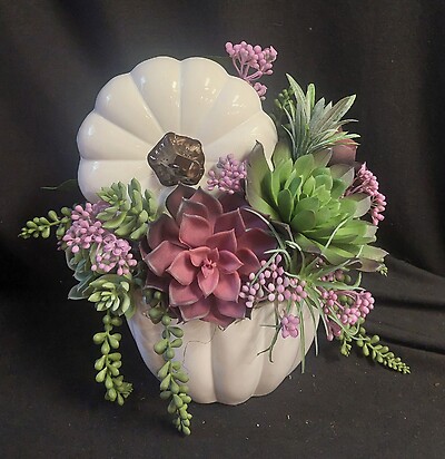 AF White Ceramic Pumpkin with Silk Succulents Design 2
